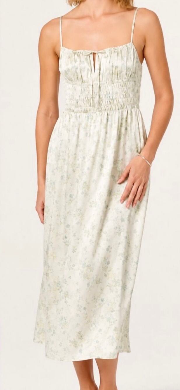 ASTR The Label Dress SZ Medium NEW Zola Smocked Milkmaid Satin Floral Midi NWOT